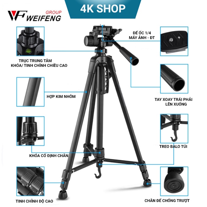 Chân máy ảnh tripod chính hãng Wiefeng hợp kim nhôm tặng kẹp điện thoại