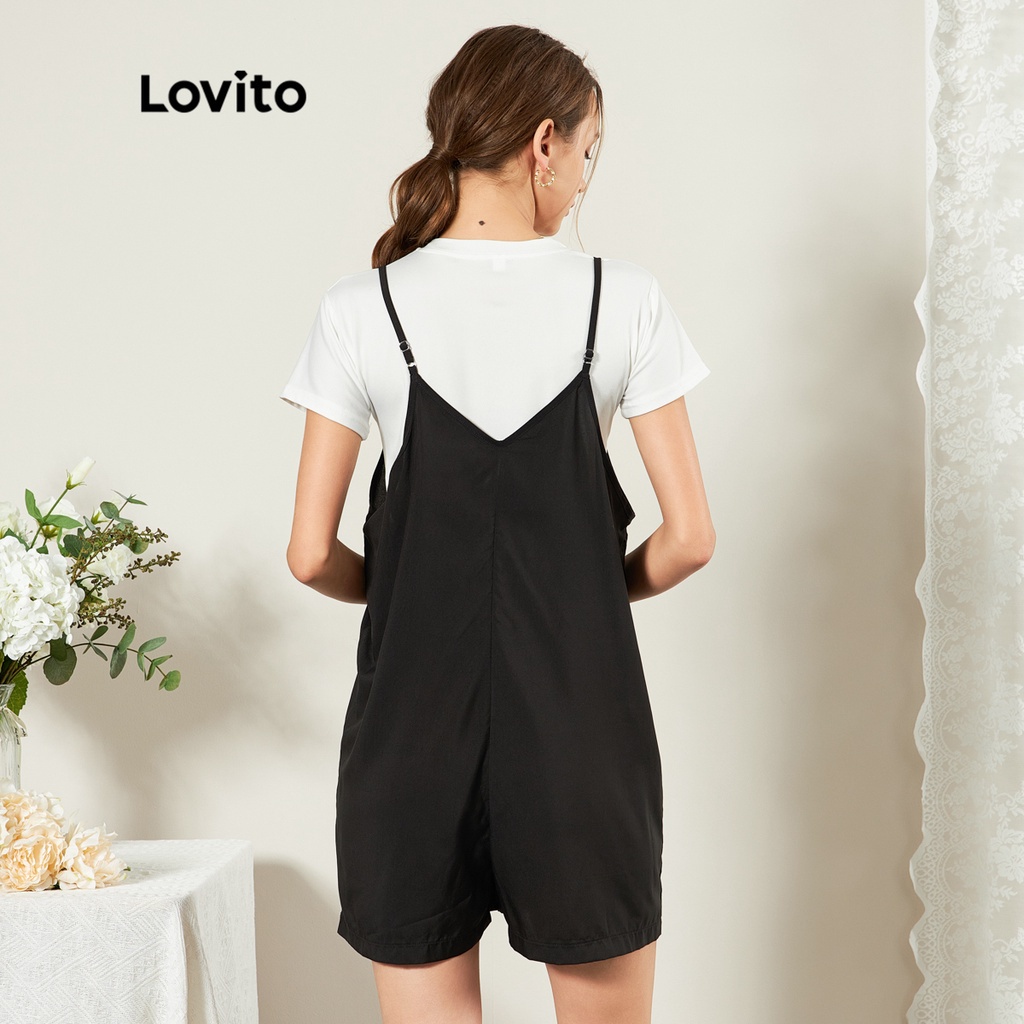 Áo liền quần Lovito mịn màng có túi họa tiết hoa thường ngày L25ED034 (màu đen)