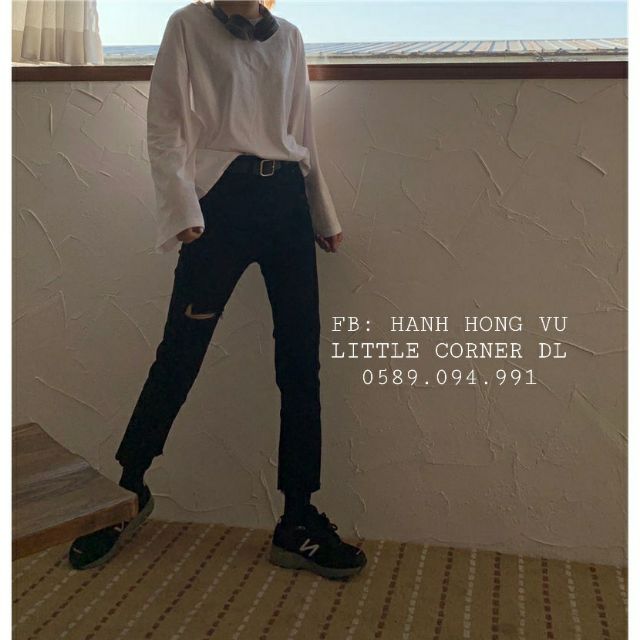 Quần slim baggy jeans rách xẻ bên đùi đen xanh jeans form suông ulzzang kèm ảnh thật hàng sẵn