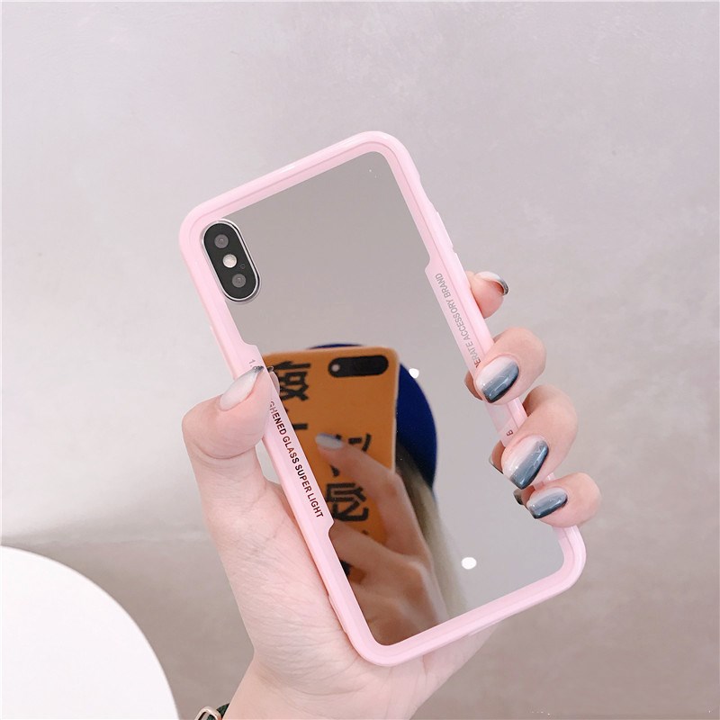 Ốp điện thoại Silicon TPU mềm chống sốc có gương trang điểm màu hồng cho iPhone 11 Pro XS Max XR X 7 8 6s Plus