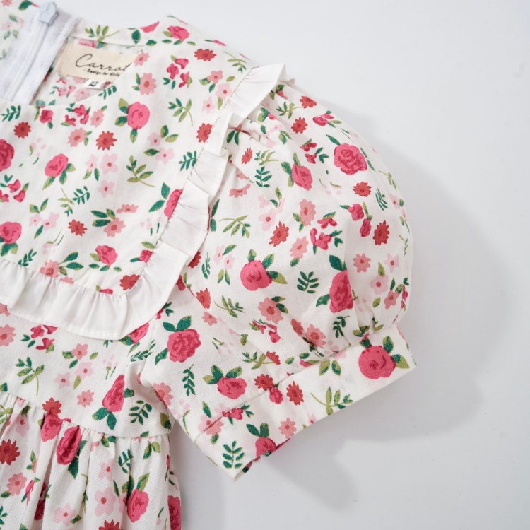 Váy bé gái CARROT có tay cổ thuỷ thủ, họa tiết hoa lá nhí hồng, chất liệu Thô cotton thấm hút mồ hôi