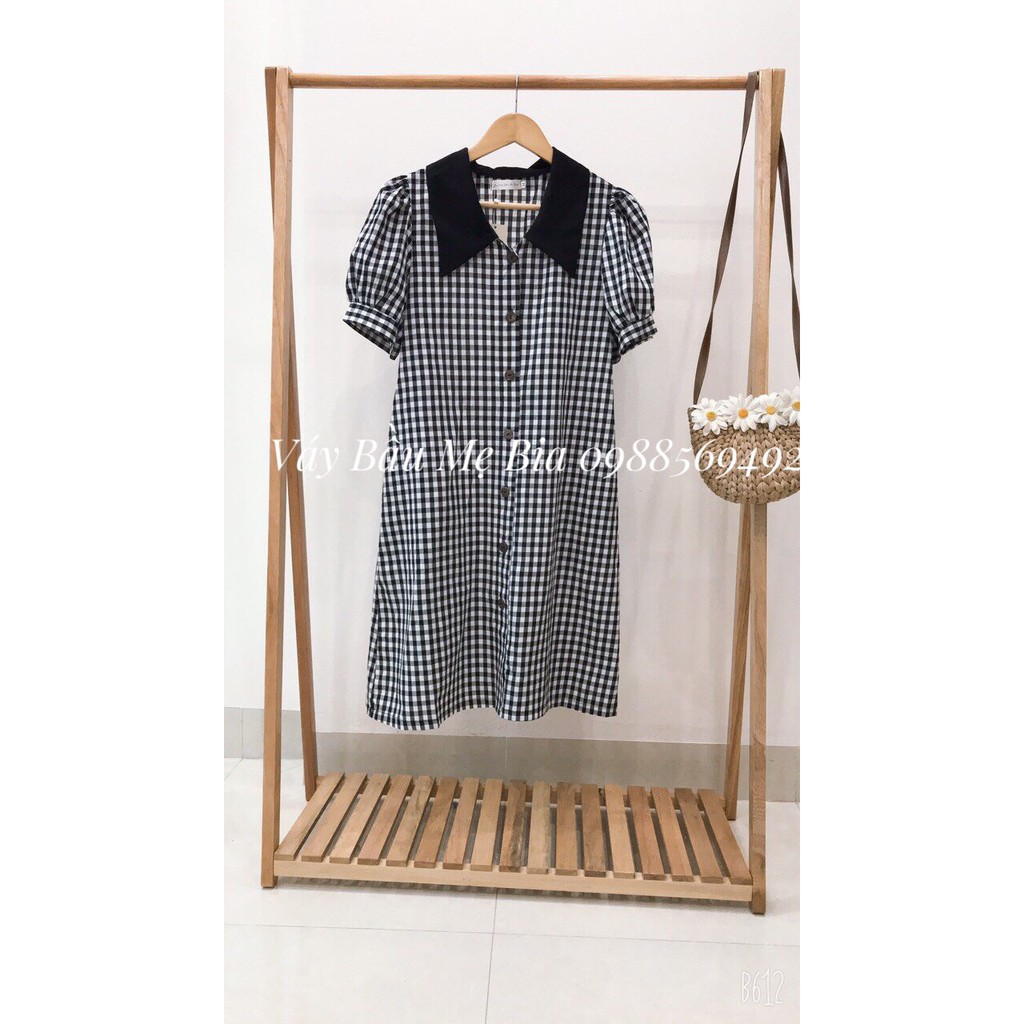 Đầm Bầu Công Sở - Váy Bầu GUME kẻ caro đen dáng suông cúc dọc phôi cổ đen chất vải thô cotton MB173- kèm ảnh thật