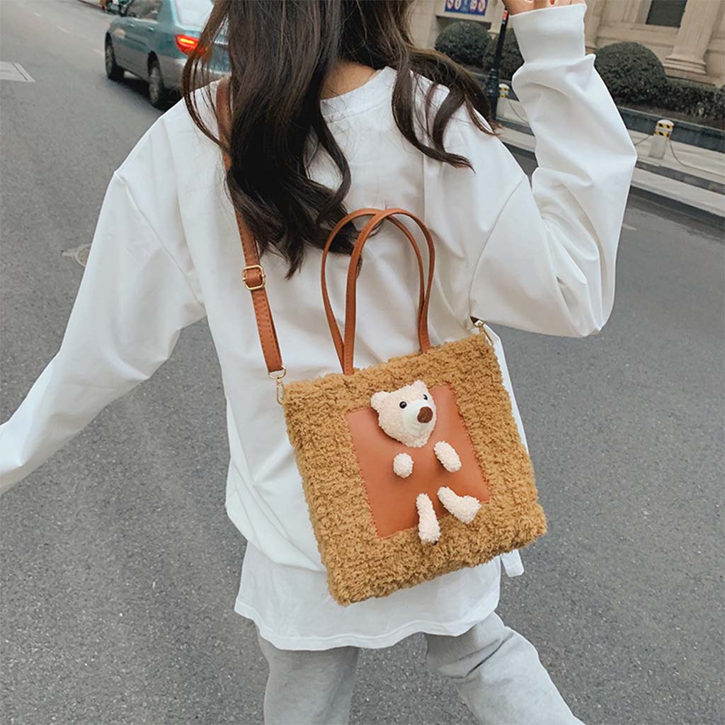 Túi handmade, Túi tự đan len xù Vuông kèm gấu LEN05 có video hướng dẫn Kawaii_Handmade