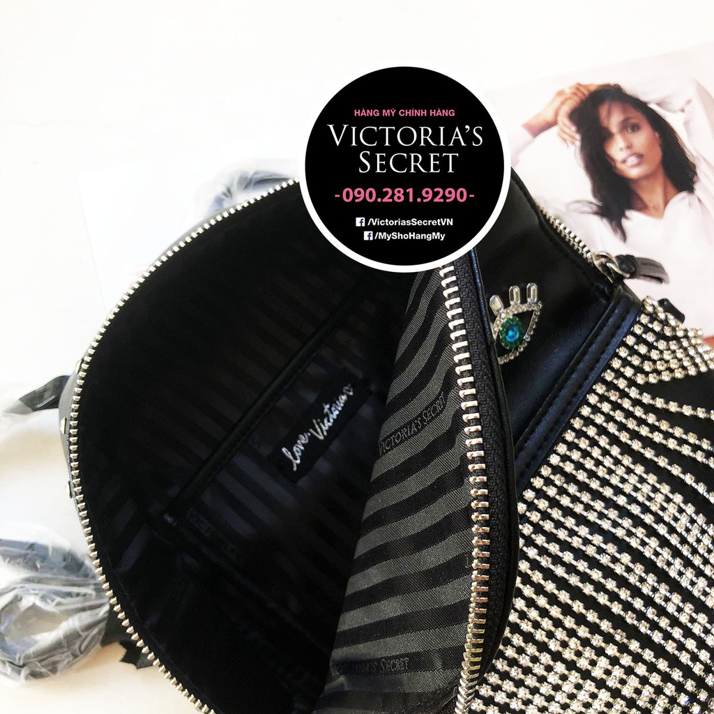 (70) Balo siêu dễ thương mini đen gắn icon, dây hạt lấp lánh KT 18x24x13cm - Hàng nhập Victoria's Secret