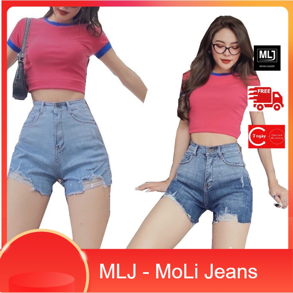 Quần short jean nữ BigSize lưng cao trên rốn, co dãn mạnh, rách loang tua lai dành cho người béo 60kg~90kg 3949