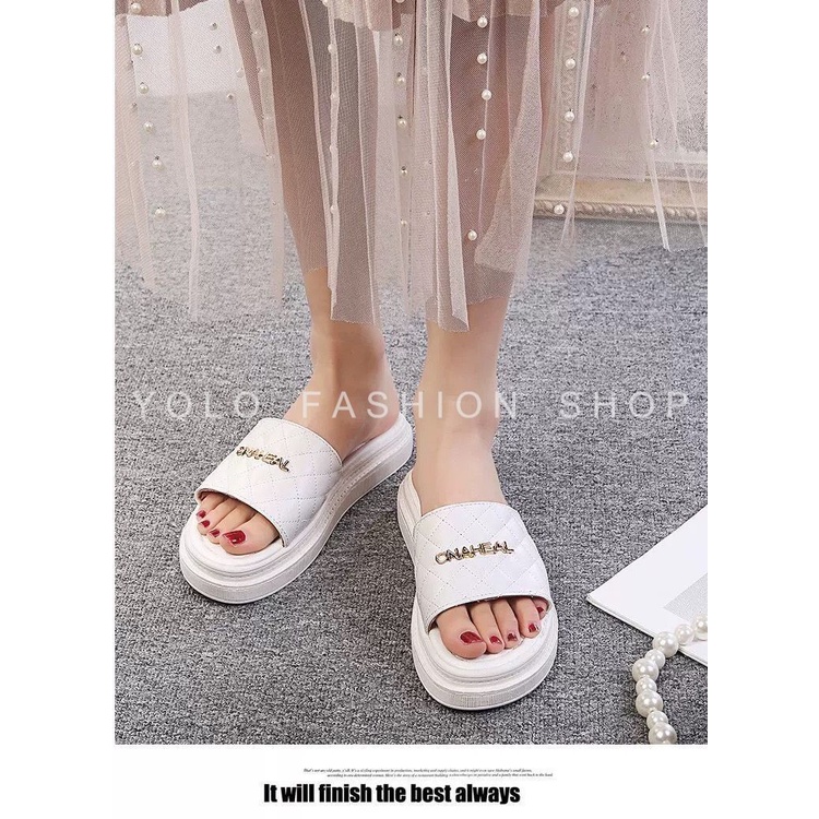 Dép lê nữ quai ngang đế cao 3p họa tiết trần trám phối khóa sang chảnh hàng siêu nhẹ cao cấp chuẩn đẹp - D32