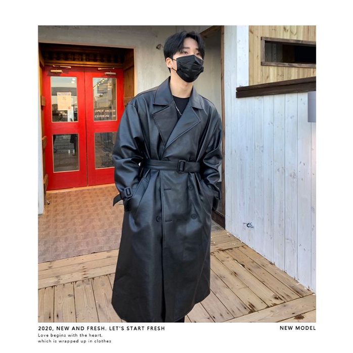 DAVIDME Áo khoác da dáng dài kèm thắt lưng phong cách Hàn Quốc cho nam