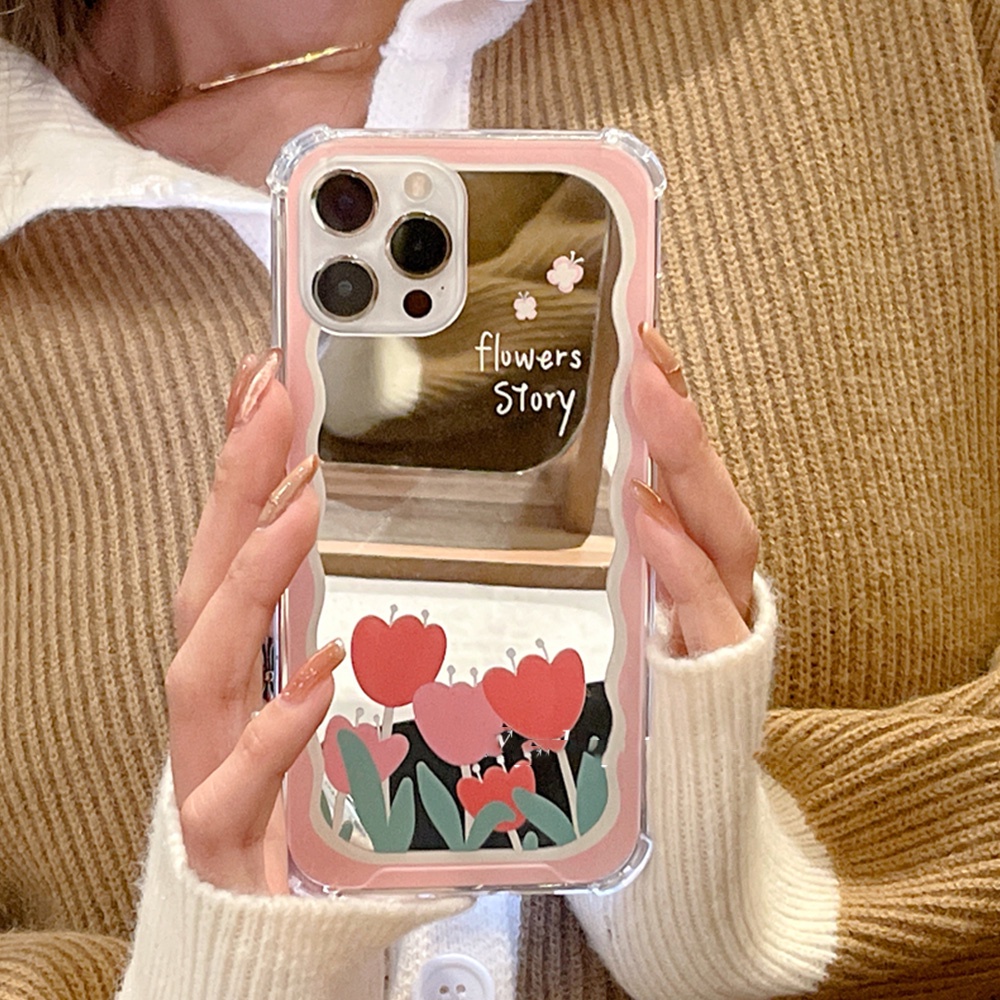 Ốp Điện Thoại TPU Dẻo Gắn Gương Trang Điểm Hình Hoa Tulip Cho iPhone 14 13 12 11 Pro Max XR X XS 7 Plus 8 Plus