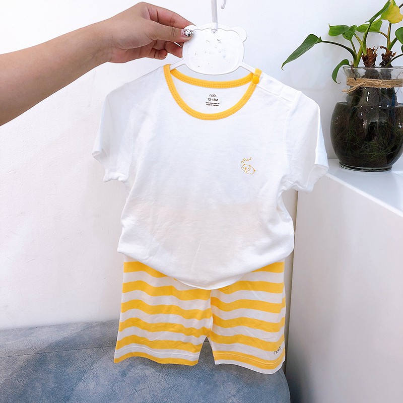 Bộ Quần Áo Trẻ Em Nous Cài Vai Cộc Kẻ Trắng Vàng Size 12-18M 18-24M Chất Nu Doux