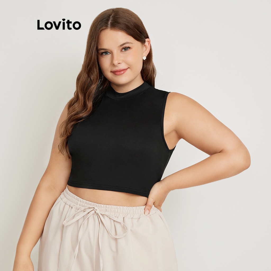 Áo sát nách Lovito plus size màu trơn phong cách thường ngày LPS02002 (màu đen)