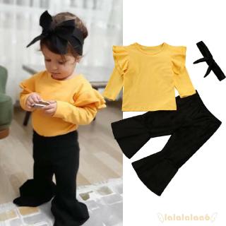 Set áo thun tay dài kèm quần dài ống rộng và băng đô thun màu trơn đáng yêu cho bé gái