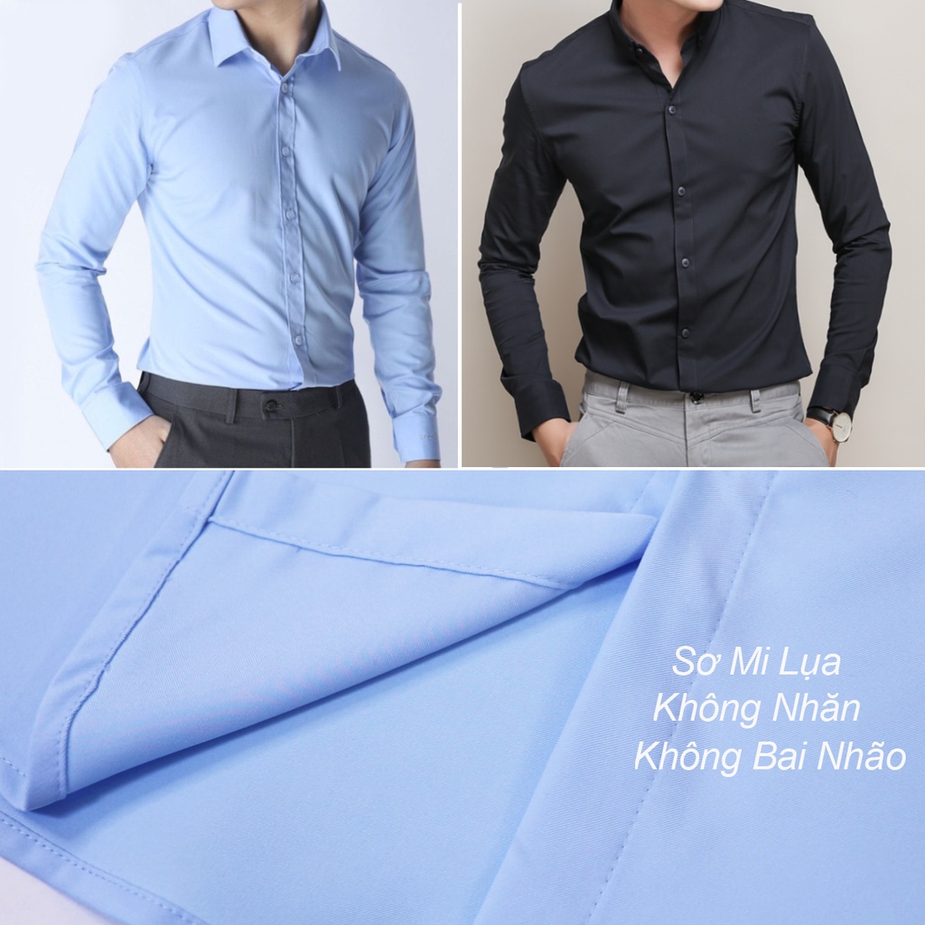 Áo Sơ Mi Nam Dài Tay Hàn Quốc Dáng Ôm Cổ Bẻ Vải Lụa Thái Chống Nhăn Chống Xù