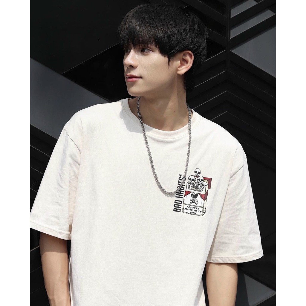 Áo thun Xương TOBACCO Unisex Nam Nữ Form Rộng Tay Lở Màu Kem