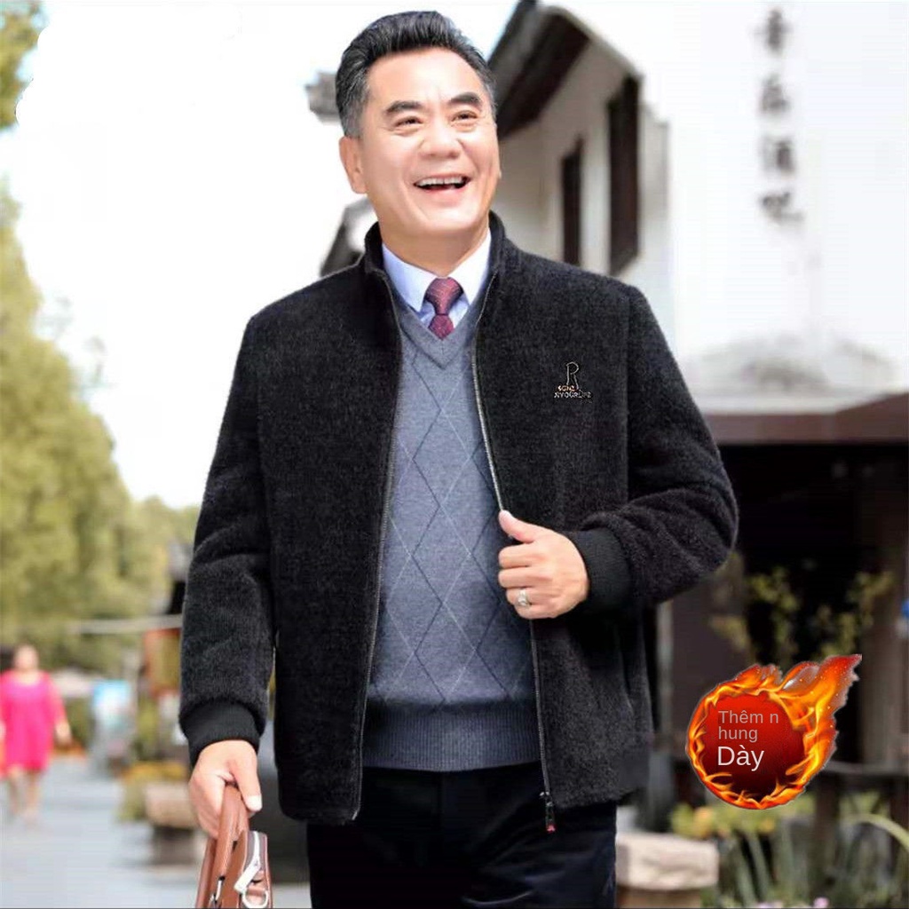 Bố mặc áo khoác cho người trung niên và già cộng với lông cừu đàn ông len chần bông mùa thu đông nội quần dày