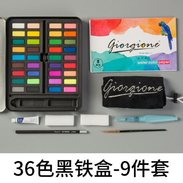 (XẢ KHO 3 NGÀY) Bộ 36 màu nước dạng nén Giorgione chất lượng cao (kèm cọ nước, giấy vẽ, bút chì,  túi vải)