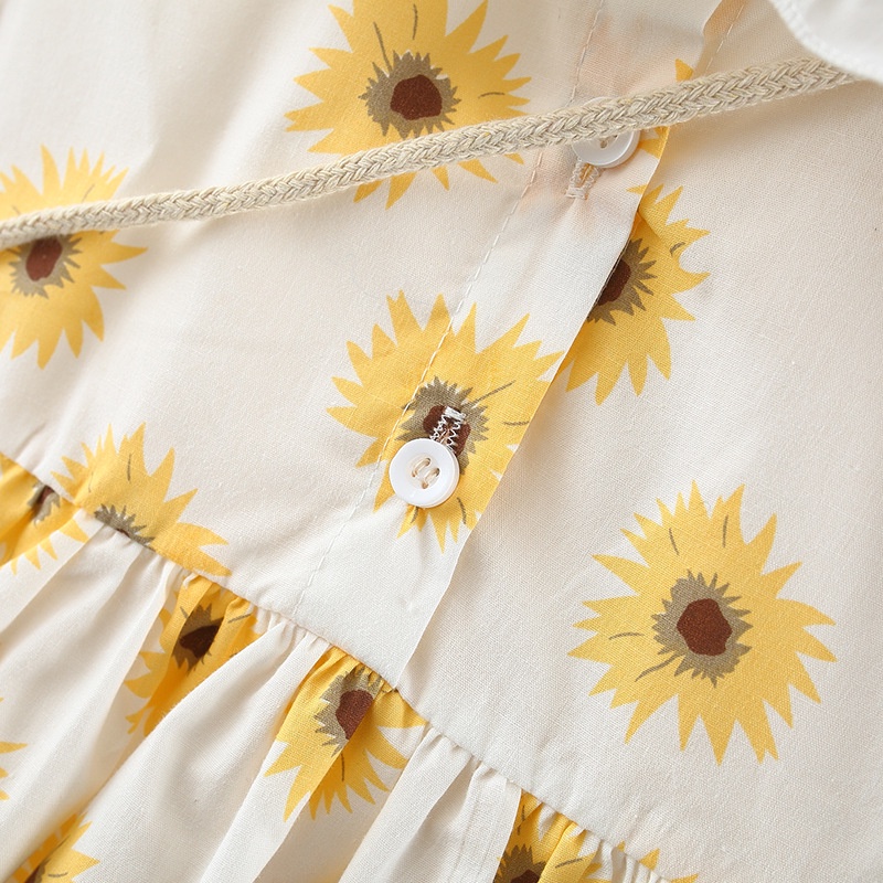 Váy  hình hoa hướng dương cổ búp bê tay ngắn có túi thời trang mùa hè cho bé gái 1-5 tuổi