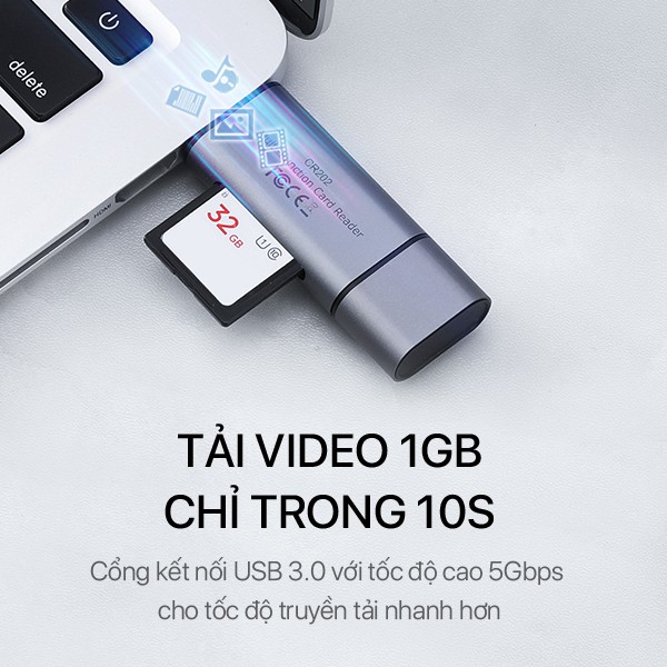 Thiết Bị Đọc Thẻ Nhớ SD/ MicroSD ROBOT CR202 Hai Đầu Type-C Và USB 3.0 Tốc Độ Truyền Cao - Vỏ Kim Loại Nhôm Cao Cấp