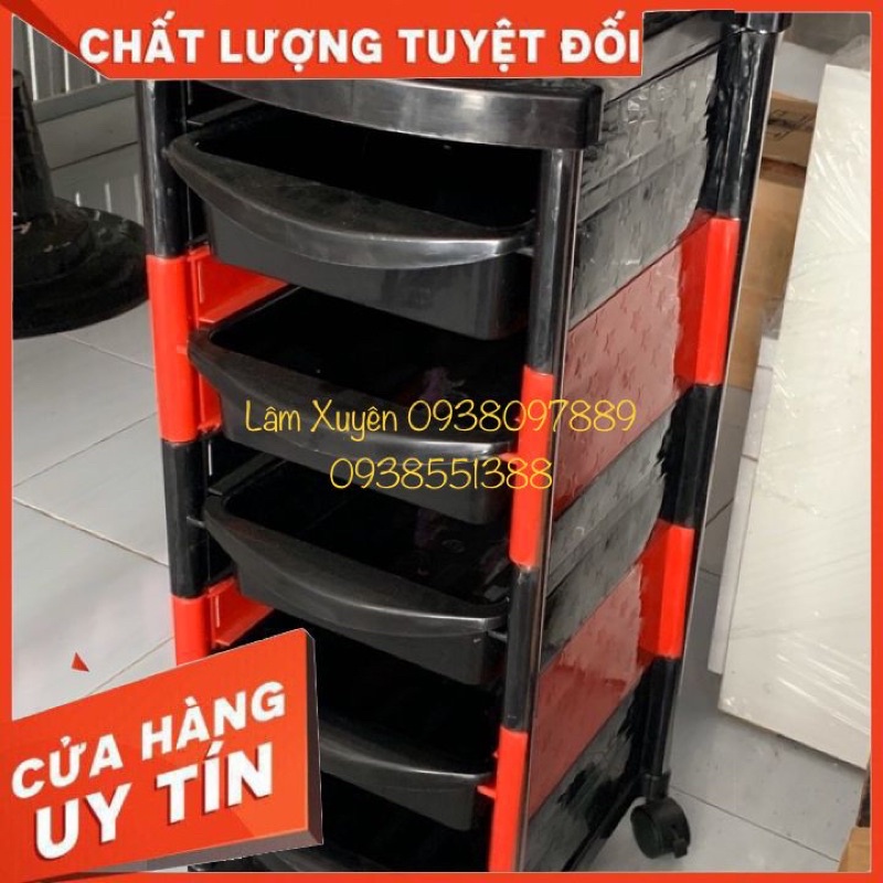 Xe đẩy làm tóc 5 tầng✨FREESHIP✨ xe đẩy salon màu đỏ đen, 5 hộc để đồ, nhựa cao cấp dễ lau chùi có bánh xe đi chuyển được