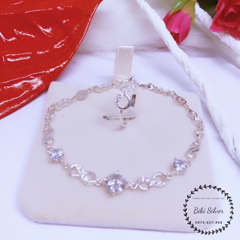 Bộ trang sức bạc ta gồm nhẫn và lắc tay vô cực gắn đá nhỏ - Bibi silver - BBS