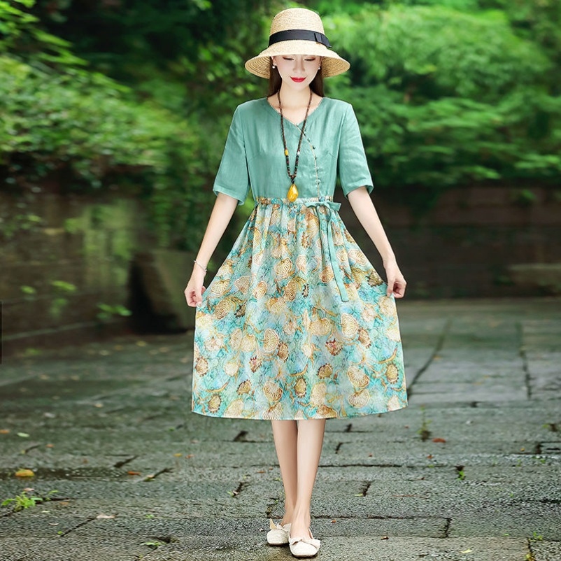 Đầm Cotton Lanh Họa Tiết Hoa Phong Cách Dân Tộc Thời Trang Cho Nữ