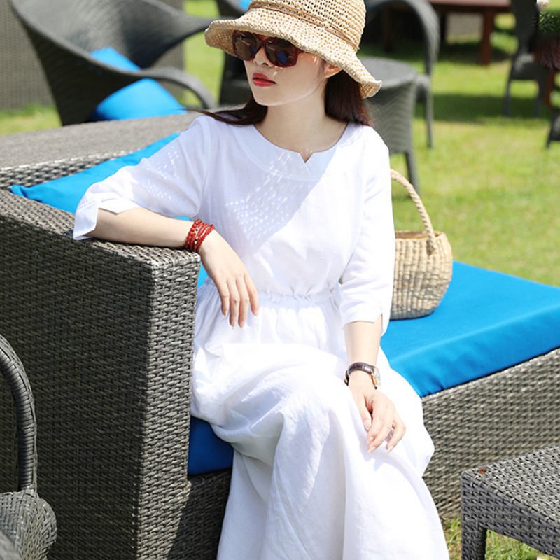 Đầm suông linen tay lỡ cổ phát V, chất vải linen tự nhiên mềm mát, thời trang hè thu Da78