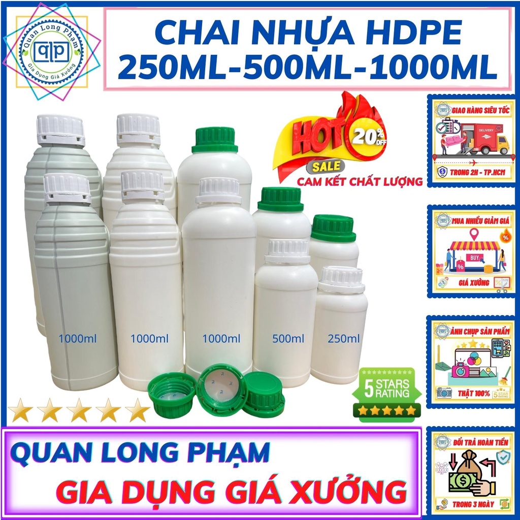 Chai Nhựa HDPE (250ml - 500ml - 1000ml) - Nắp Trắng / Xanh Màu Ngẫu Nhiên + Seal Chống Tràn Khò Nhiệt