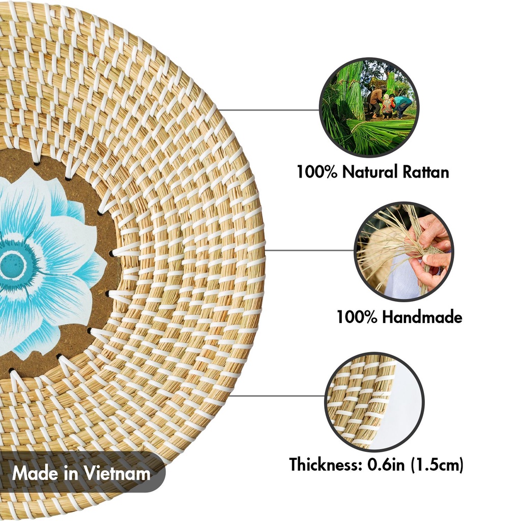 Đĩa cói đế gỗ trang trí, đựng hoa quả bánh kẹo đồ cá nhân, decor phòng ngủ phòng khách phong cách Bắc Âu họa tiết 08