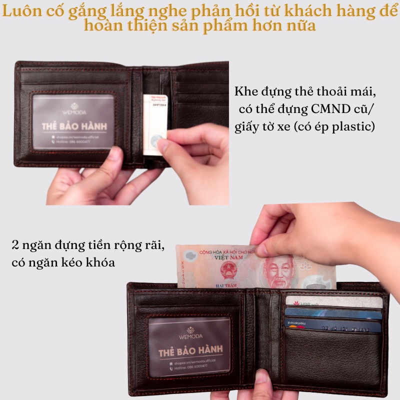 Ví Nam Da Bò Cao Cấp WEMODA dáng ngang đứng nâu đen bảo hành 24 tháng