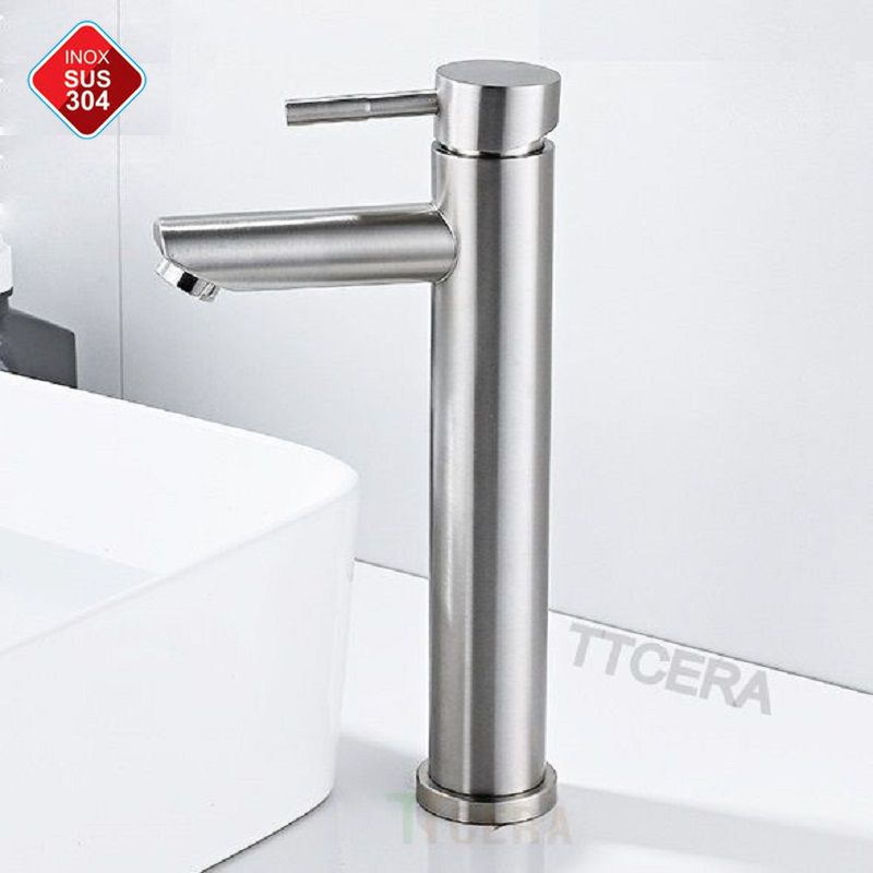 Vòi Lavabo nóng lạnh hình trụ tròn inox 304 trắng mờ cao cấp siêu bền cần gạt gật gù tròn + Tặng 2 Dây cấp nước NL