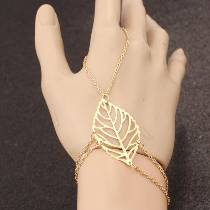 Vòng tay nữ lắc tay hình chiếc lá xích nối ngón tay thời trang sang chảnh E007