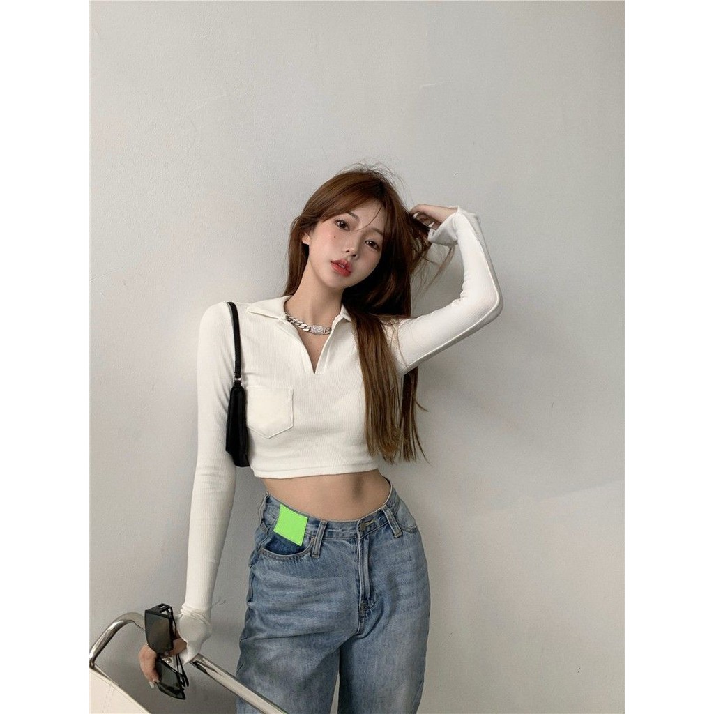 [ORDER] Áo thun croptop cổ đức tay dài dáng lửng sexy nữ tính ulzzang - Có ảnh thật