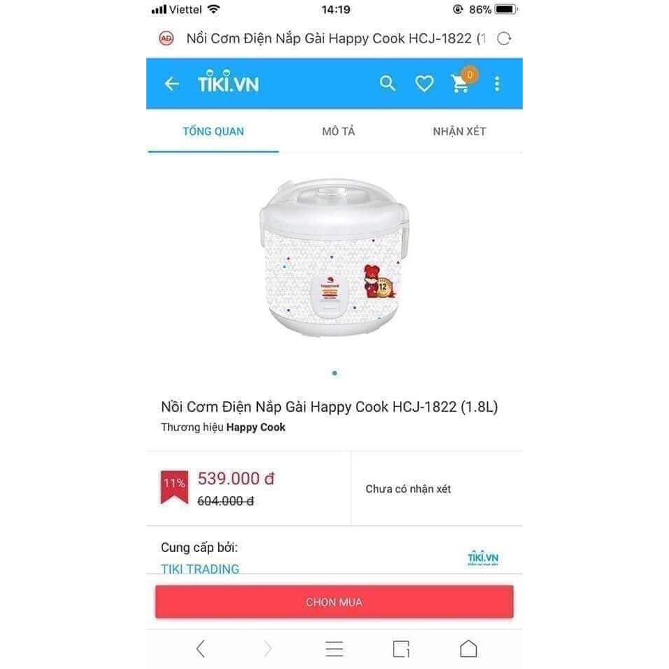 Nồi cơm điện 1,8 lít Happy Cook - Hàng khuyến mãi của nutifood