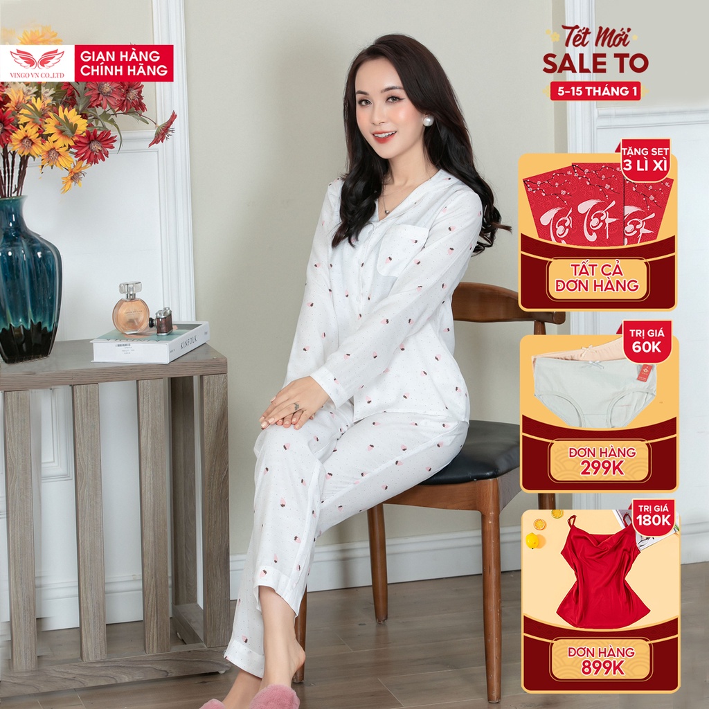 Bộ Đồ Ngủ Pyjama Vingo Mặc Nhà Nữ Chất Tơ Đũi Tay Dài Quần Dài Họa Tiết Dâu Hồng Nền Trắng Mùa Thu Đông H611 VNGO - TDQD