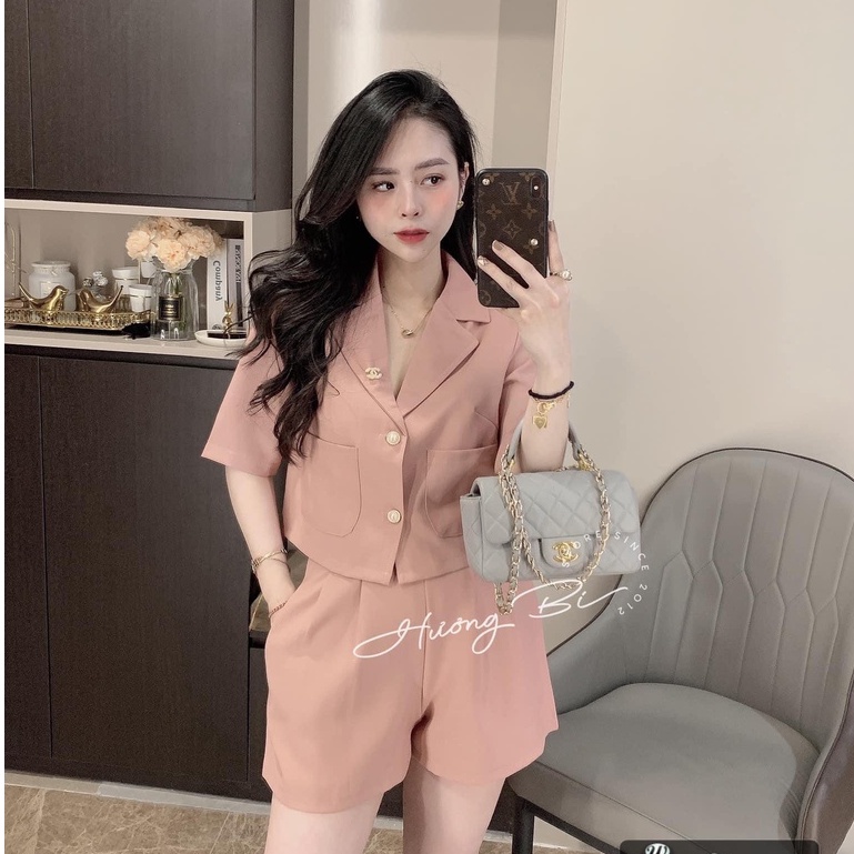 Set vest croptop hồng mix quần short đùi HN601