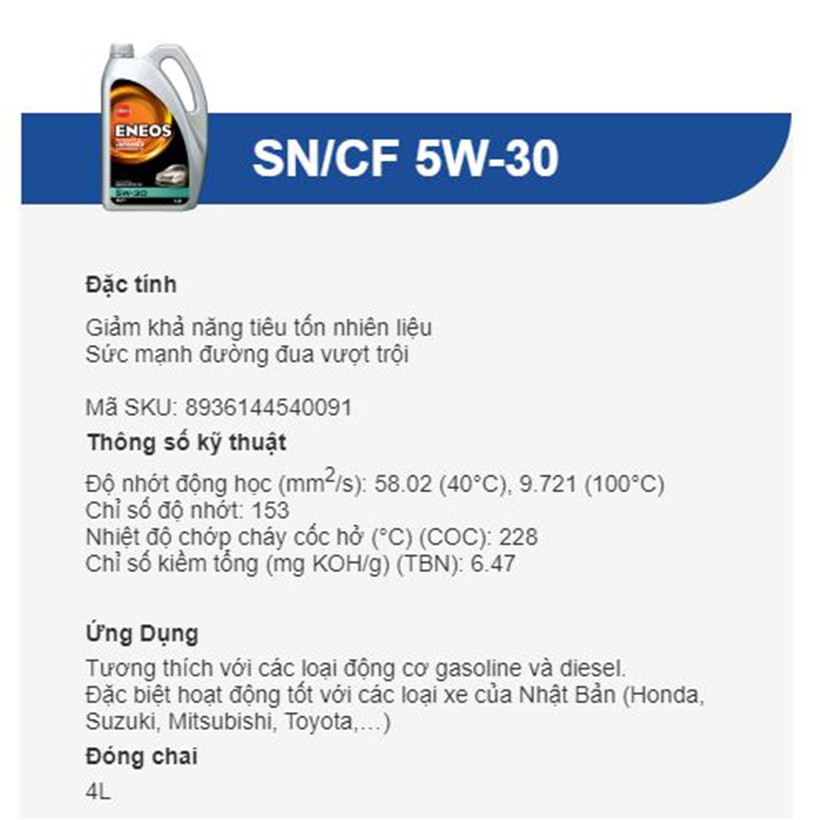 Dầu Nhờn Động Cơ Ô Tô Cao Cấp ENEOS AL SN/CF 5W30 4L