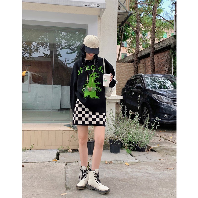 Chân Váy Chữ A Lưng Cao Họa Tiết Sọc Caro Thời Trang Hàn Quốc