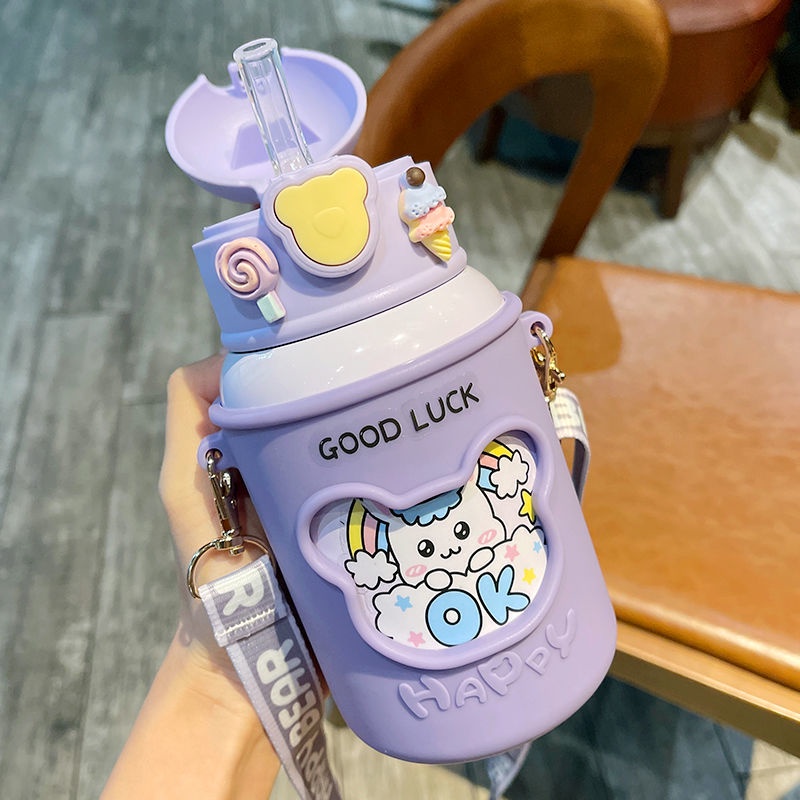 Bình Nước Bằng Thép Không Gỉ 316 Kèm Ống Hút Dễ Thương Tiện Dụng Cho Bé