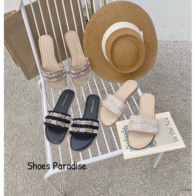 DÉP NỮ BẢNG NGANG ĐẾ  BỆT  ĐÍNH TRAI  SHOES PARADISE