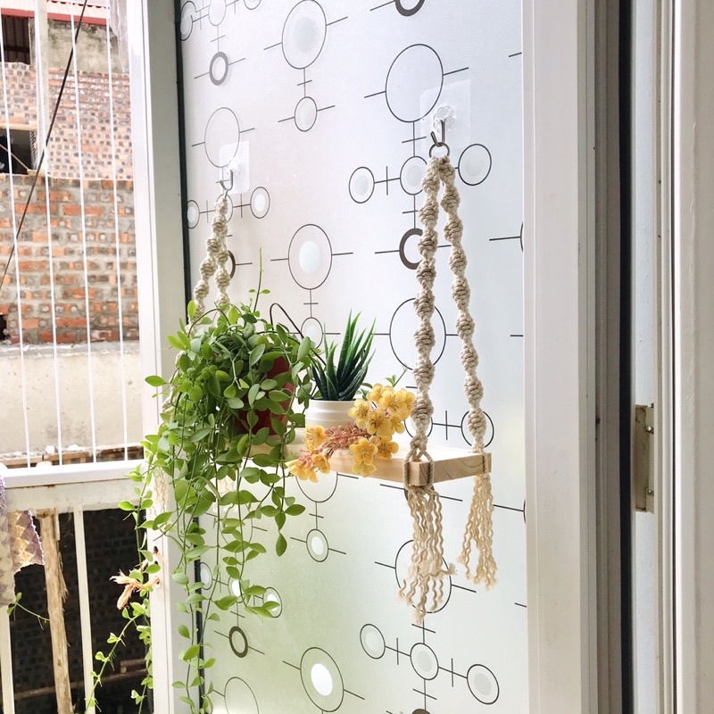 kệ gỗ treo tường thắt macrame - kệ gỗ dây hoạ tiết