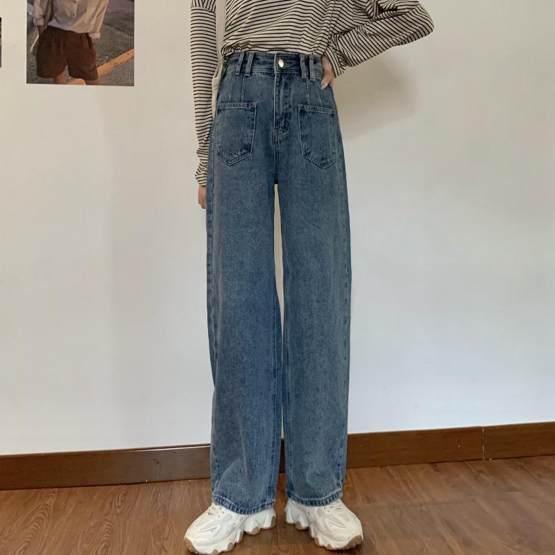 Quần Jeans Nữ Lưng Cao Ống Rộng Phong Cách Hàn Quốc
