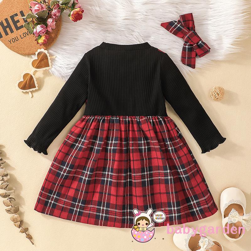 Đầm Tay Dài Giả Hai Lớp Cổ Tròn In Họa Tiết Caro + Băng Đô Nơ Phong Cách Giáng Sinh Cho Bé Gái