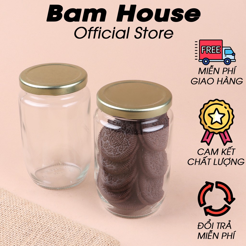 Hủ thủy tinh tròn có nắp nhôm vàng đựng gia vị và thực phẩm Bam House 450ml cao cấp HTV01 – Gia dụng bếp