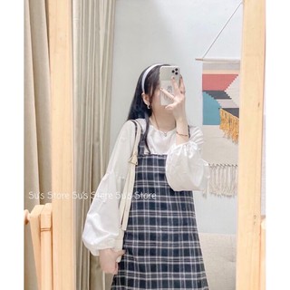 Set váy yếm kẻ caro be