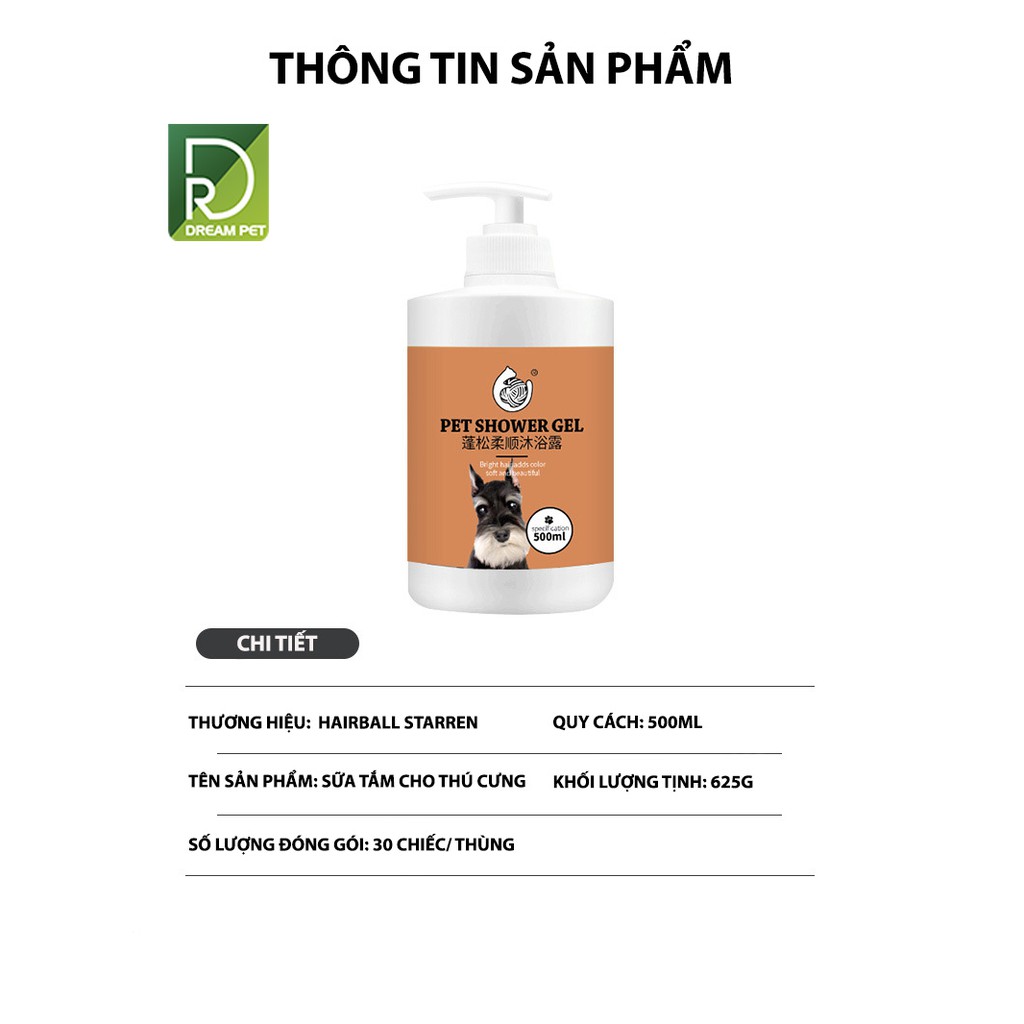 [Mã PET50K giảm Giảm 10% - Tối đa 50K đơn từ 250K] SỮA TẮM CHÓ MÈO CAO CẤP HƯƠNG ANH ĐÀO - HAIRBALL STARREN 500ML DreamP