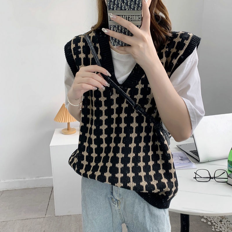 Áo Gi-Lê Len Cổ v Dáng Rộng Thiết Kế Mới Trẻ Trung Hợp Thời Trang Thu Đông Cho Nữ