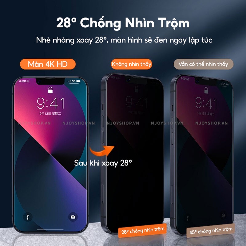 Kính Cường Lực Chống Nhìn Trộm Privacy Cao Cấp Không Tối Màn Hình Full Viền Cho Ip 13 Pro Max 12 Pro Max Njoyshop