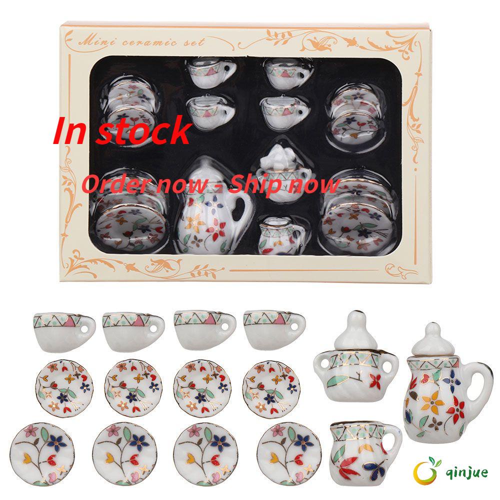 🍒QINJUE🍒 New Kitchen Miniature Home Decoration Flower Pattern Mini Tea Set Gift Small Miniature 15 Pieces Dollhouse Accessories