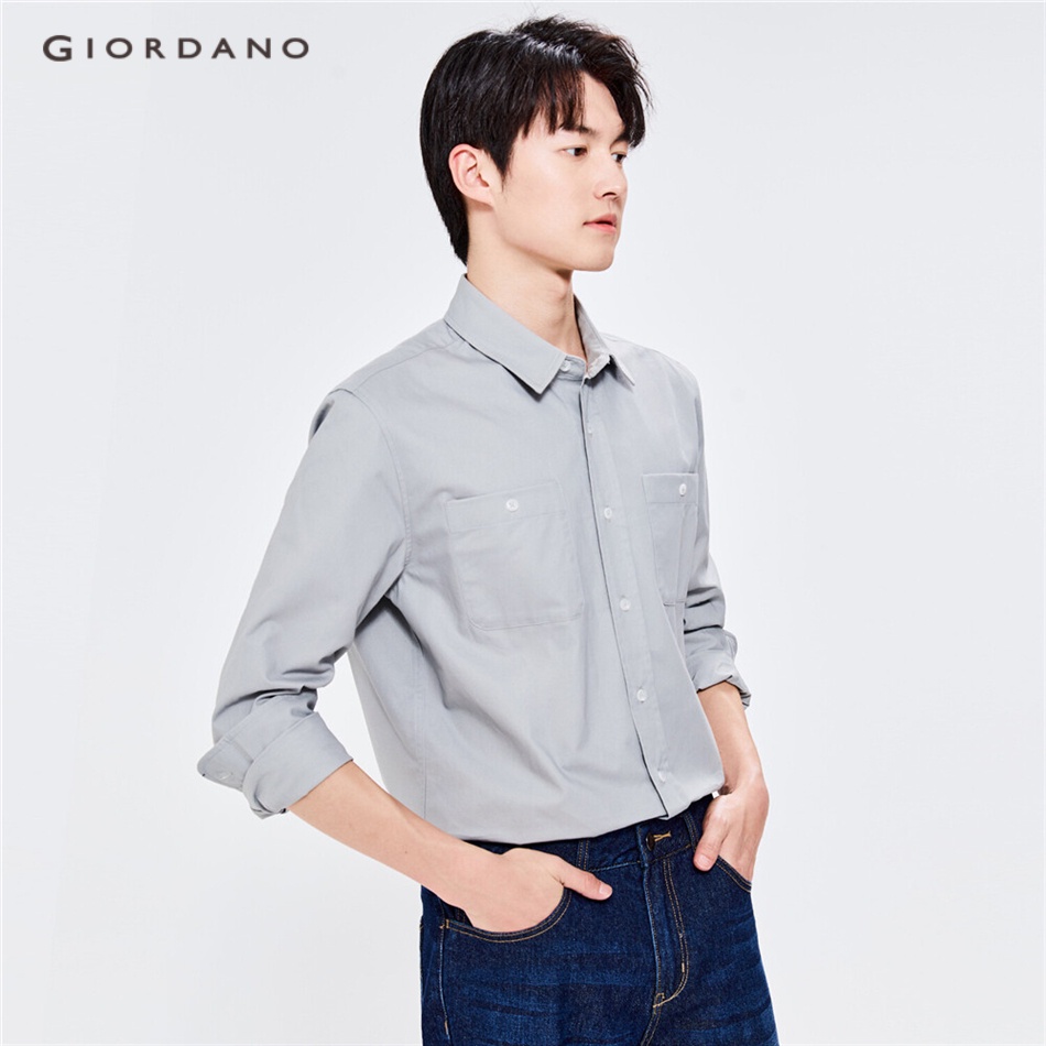 Áo sơ mi nam GIORDANO 13042881 tay dài màu trơn phối hai túi