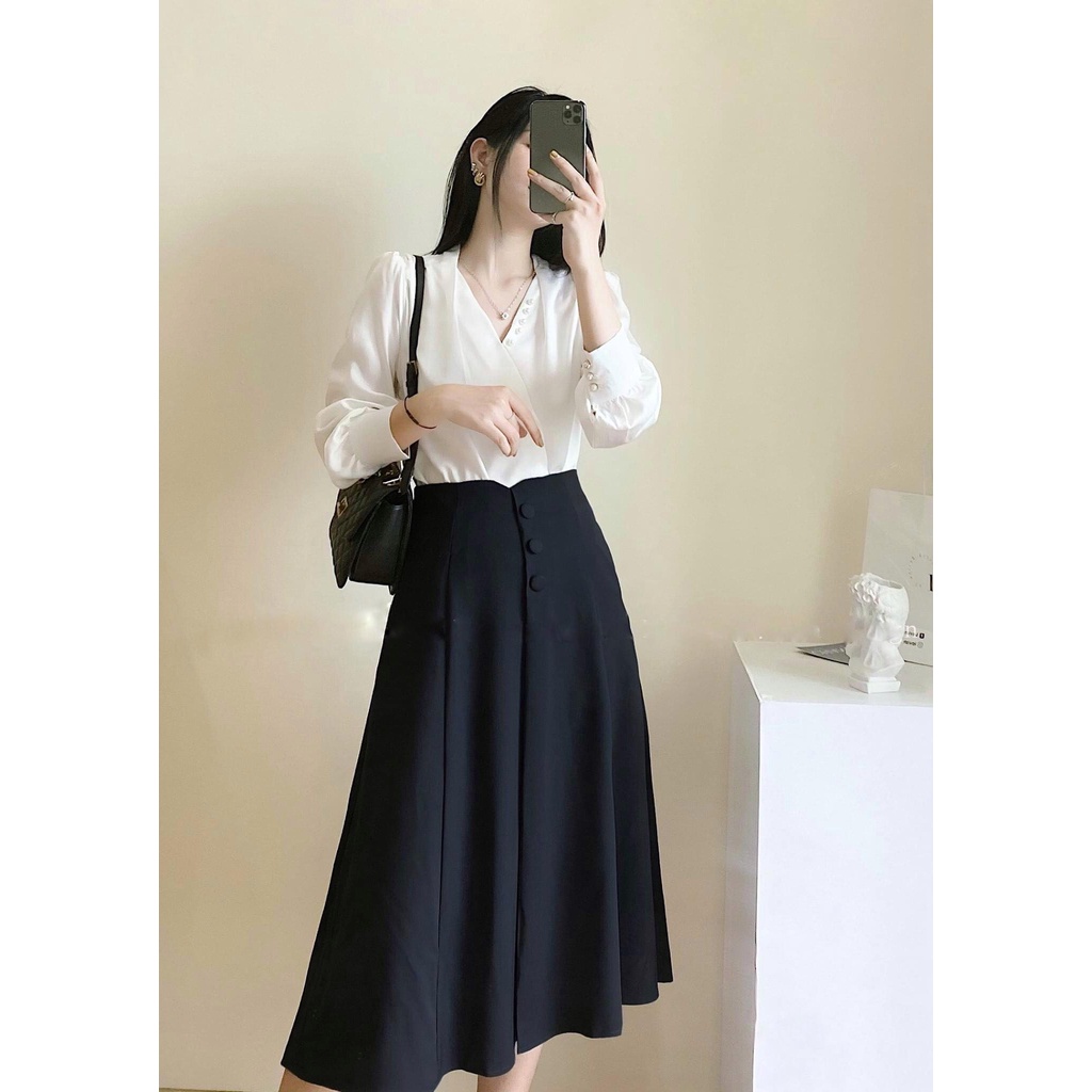 Áo sơ mi cổ V đính hạt   LELY  S217 Thanh Lịch , công sở