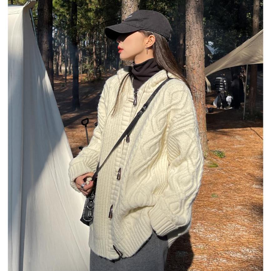 [Spot] Áo Khoác cardigan Dệt Kim Dày Dáng Rộng Cài Nút Sừng Thời Trang Thu Đông Phong Cách Hàn Quốc Cổ Điển